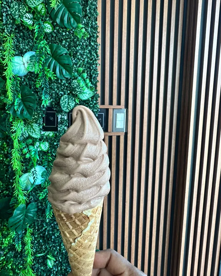 Cono de helado de chocolate frente al muro verde del local